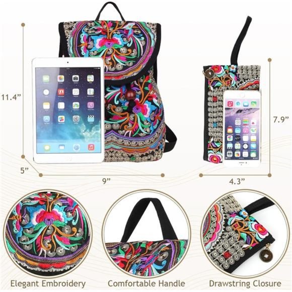 2 Pack Embroidered Backpack Purse & Small Wristlet Purse for Cellphone Coin Cash main image 7